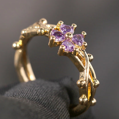 Cute Romantic Purple Four Leaf Zircon Ring