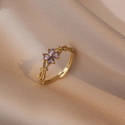 Cute Romantic Purple Four Leaf Zircon Ring