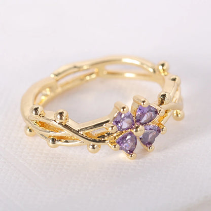 Cute Romantic Purple Four Leaf Zircon Ring