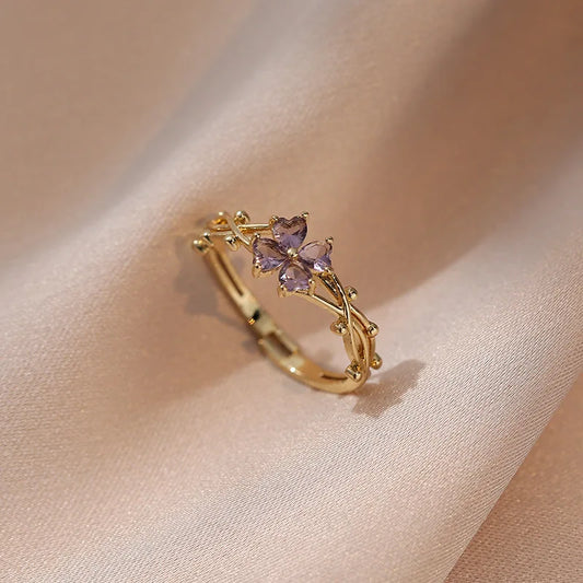 Cute Romantic Purple Four Leaf Zircon Ring