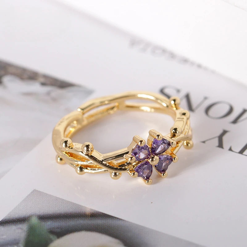 Cute Romantic Purple Four Leaf Zircon Ring