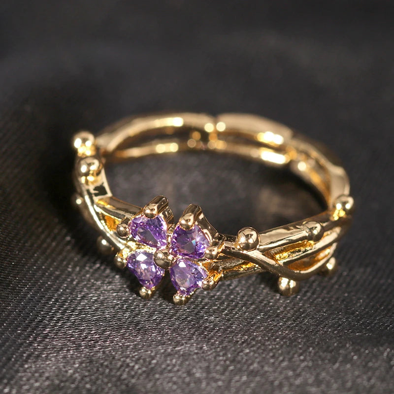 Cute Romantic Purple Four Leaf Zircon Ring